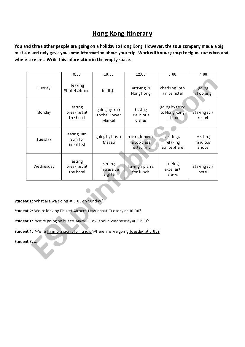 Holiday Itinerary Group Work worksheet