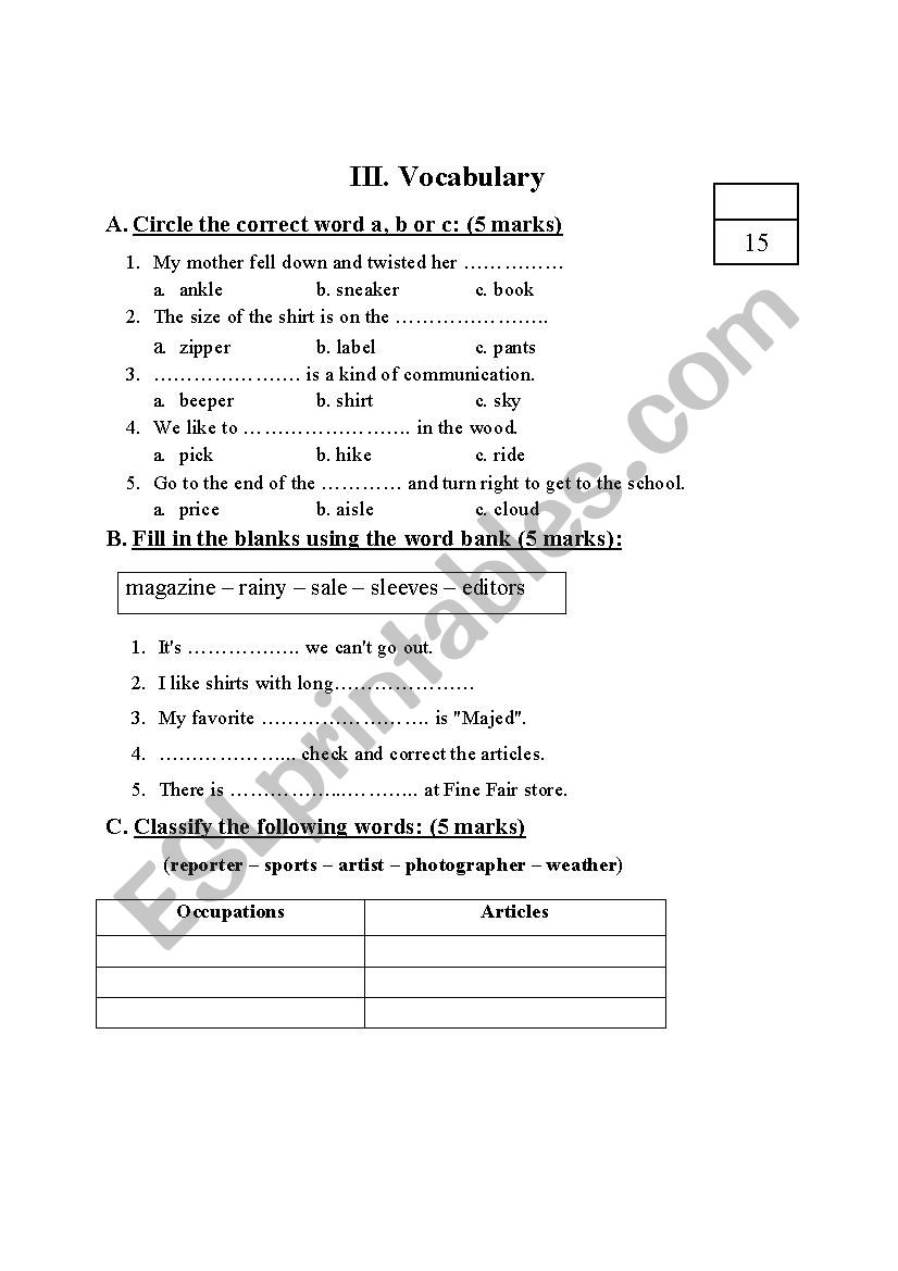 general vocabulary Exercises worksheet