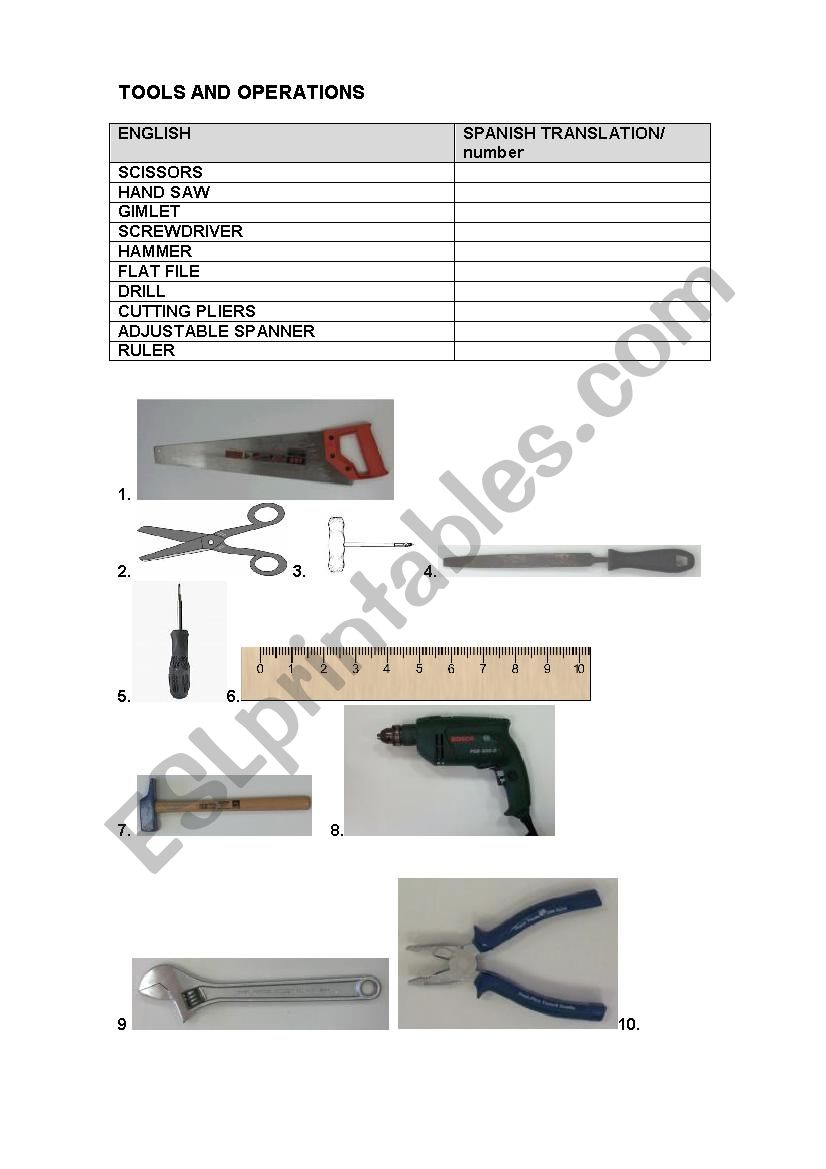 Tools and operations worksheet