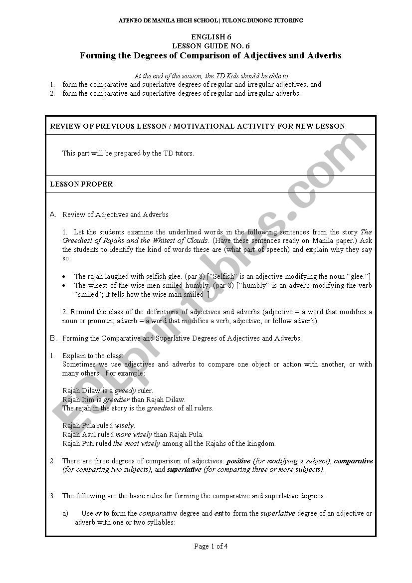 lesson guide forming the degrees of comparison