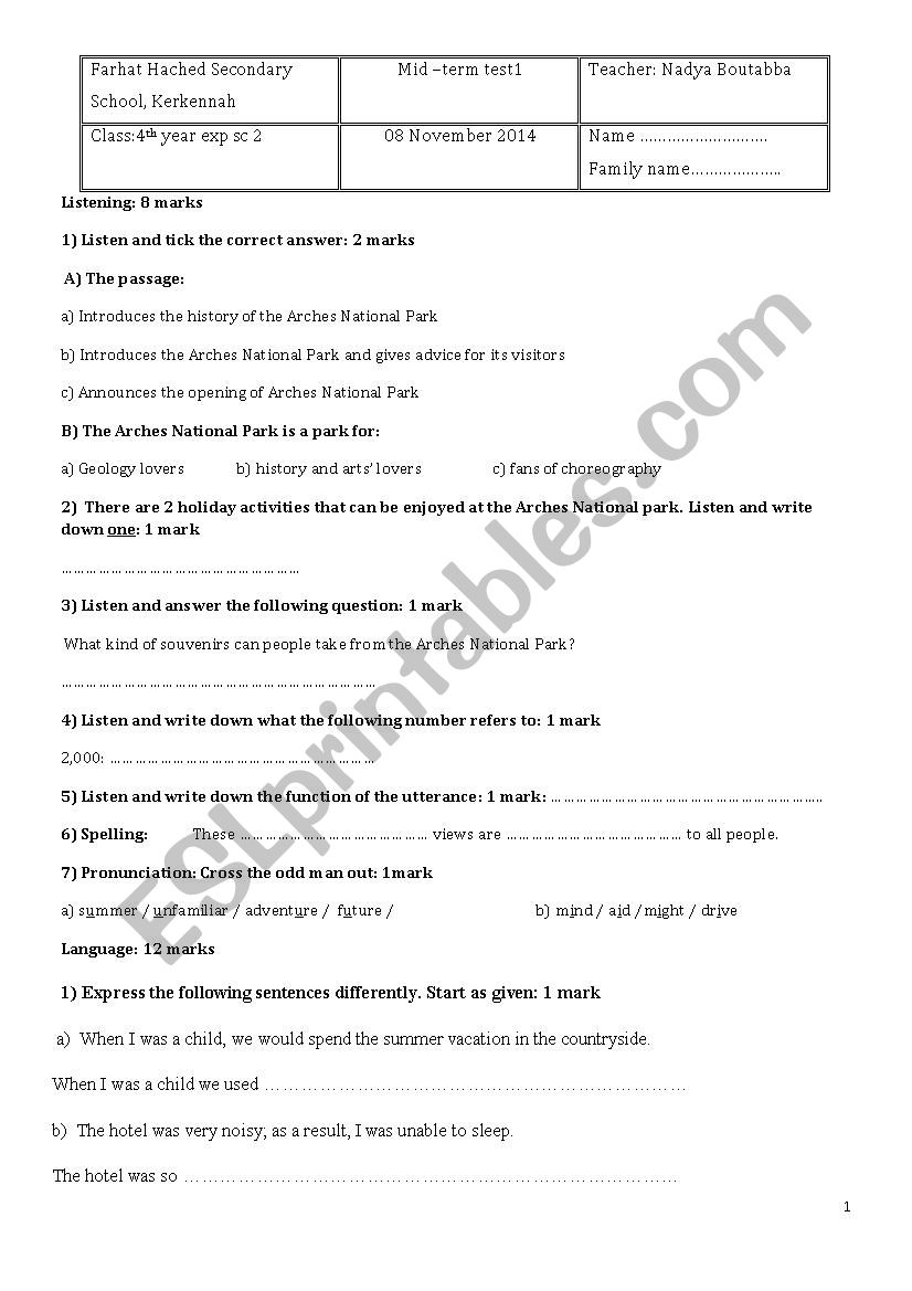 mid-term test 1 for 4 th year worksheet