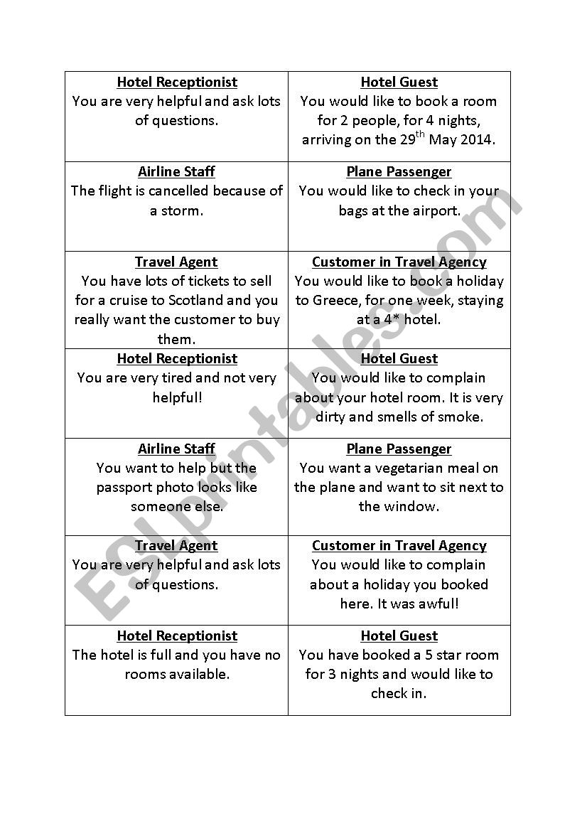 Travel Role Play Cards worksheet