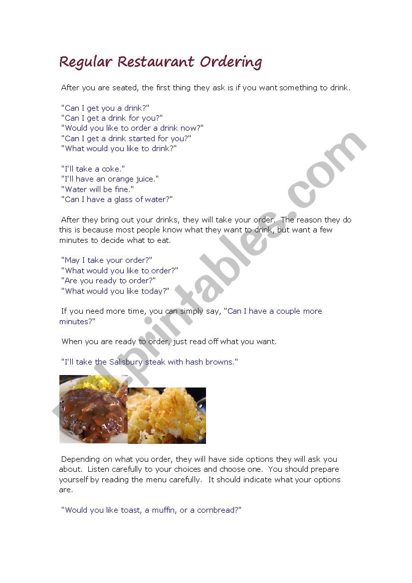 English Dinner Worksheet worksheet