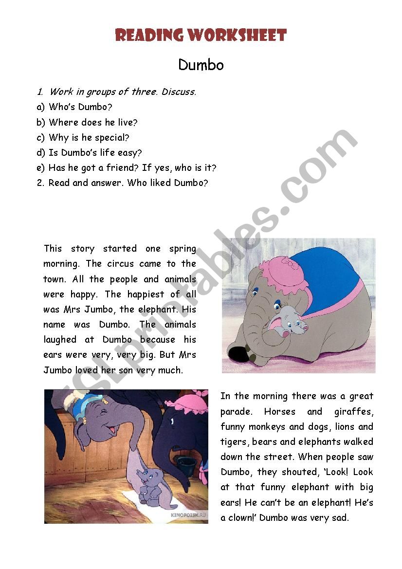 Reading worksheet Dumbo worksheet