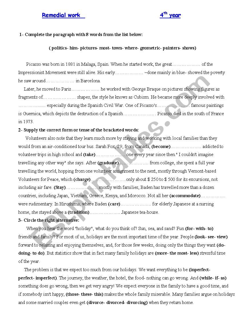 4th year remedial work worksheet