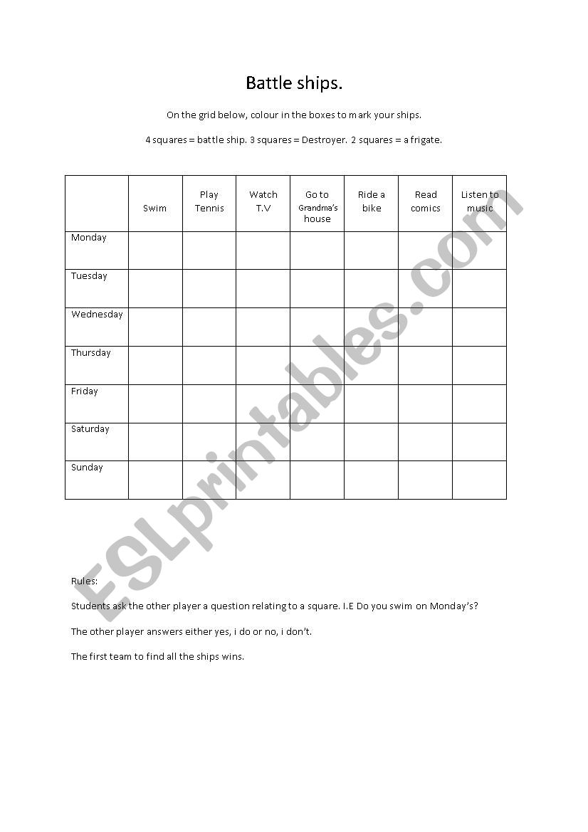 Battleship game using days of the week