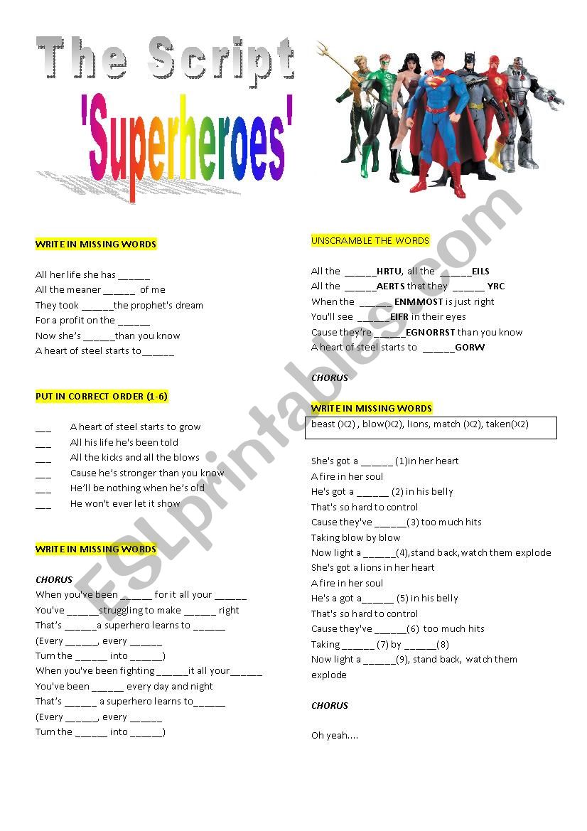THE SCRIPT - SUPERHEROES worksheet