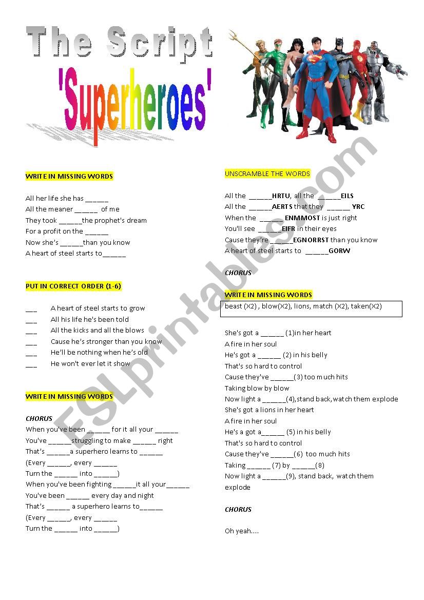 Superhero song - ESL worksheet by emorel14