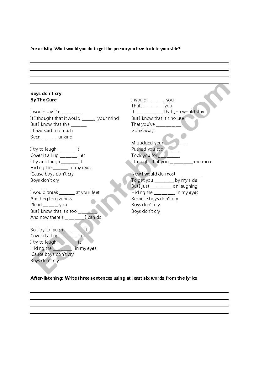 Boys DonÂ´t Cry Sing Along worksheet
