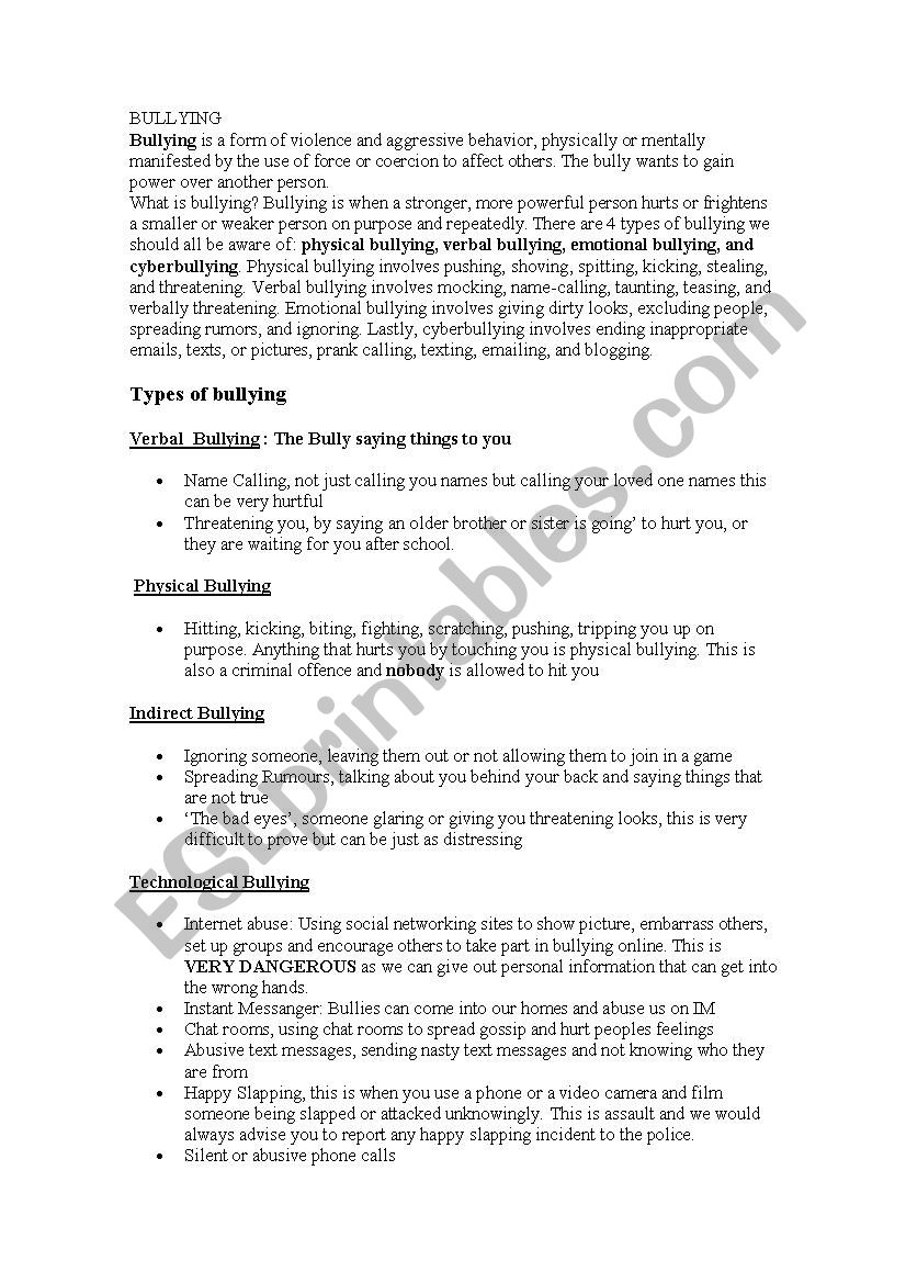 Bullying worksheet