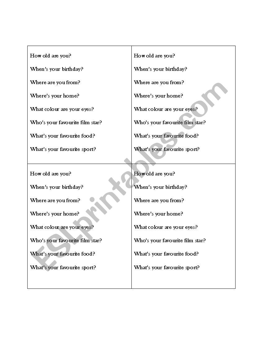 Personal Info Questionnaire worksheet