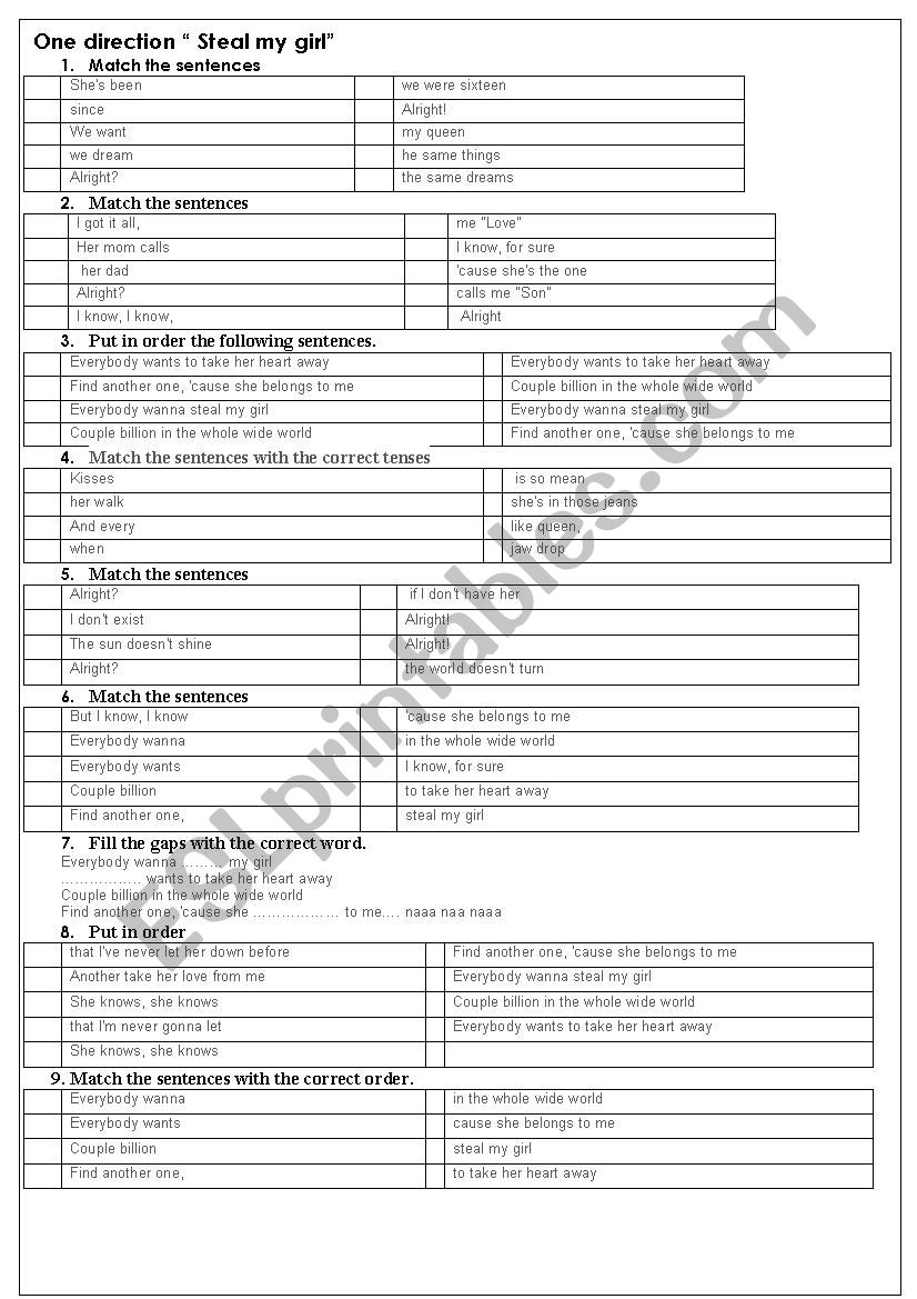 One Direction, Steal my girl worksheet