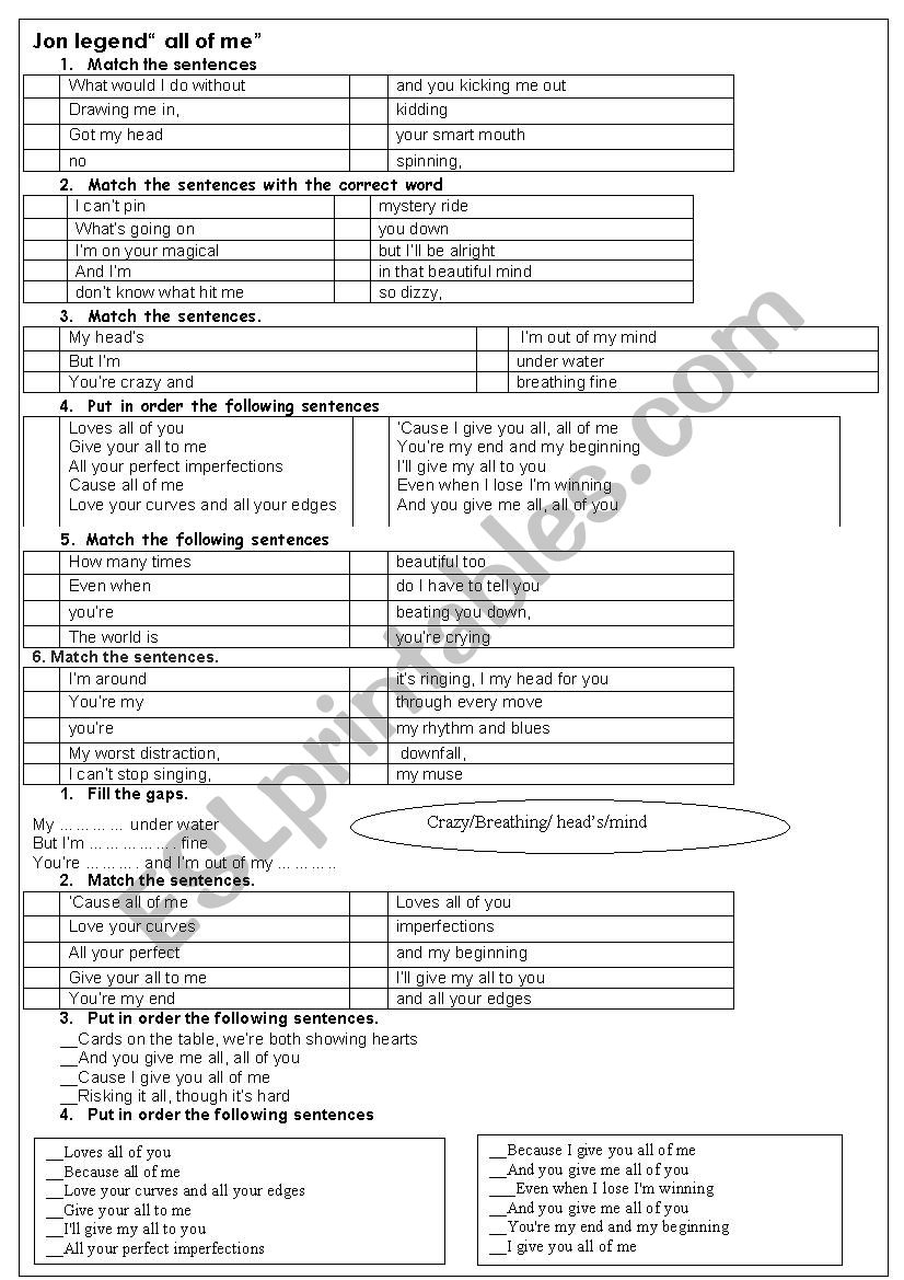 John Legend. All of me worksheet