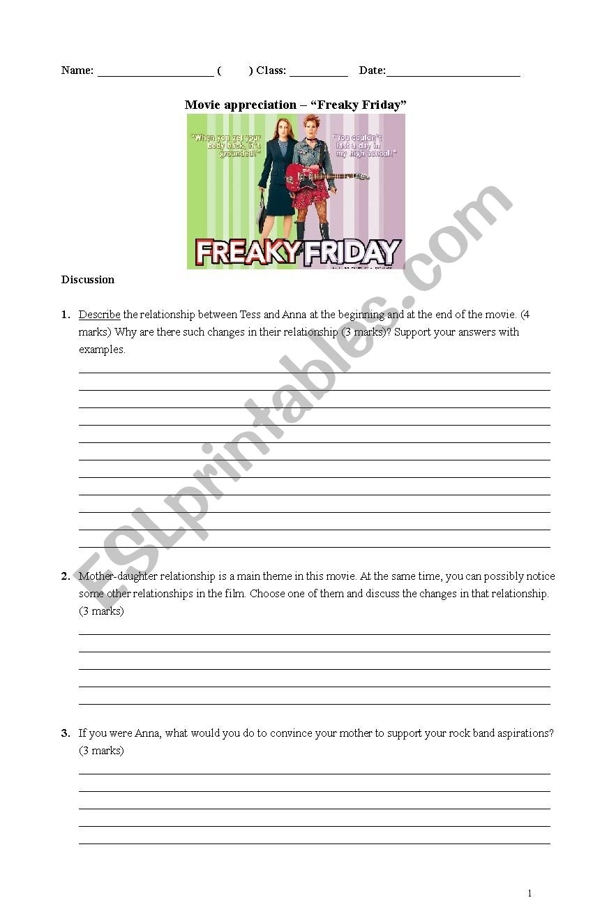 Freaky Friday Film worksheet worksheet