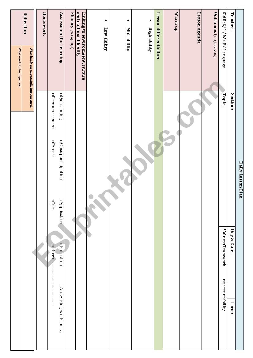 Daily lesson plan form worksheet