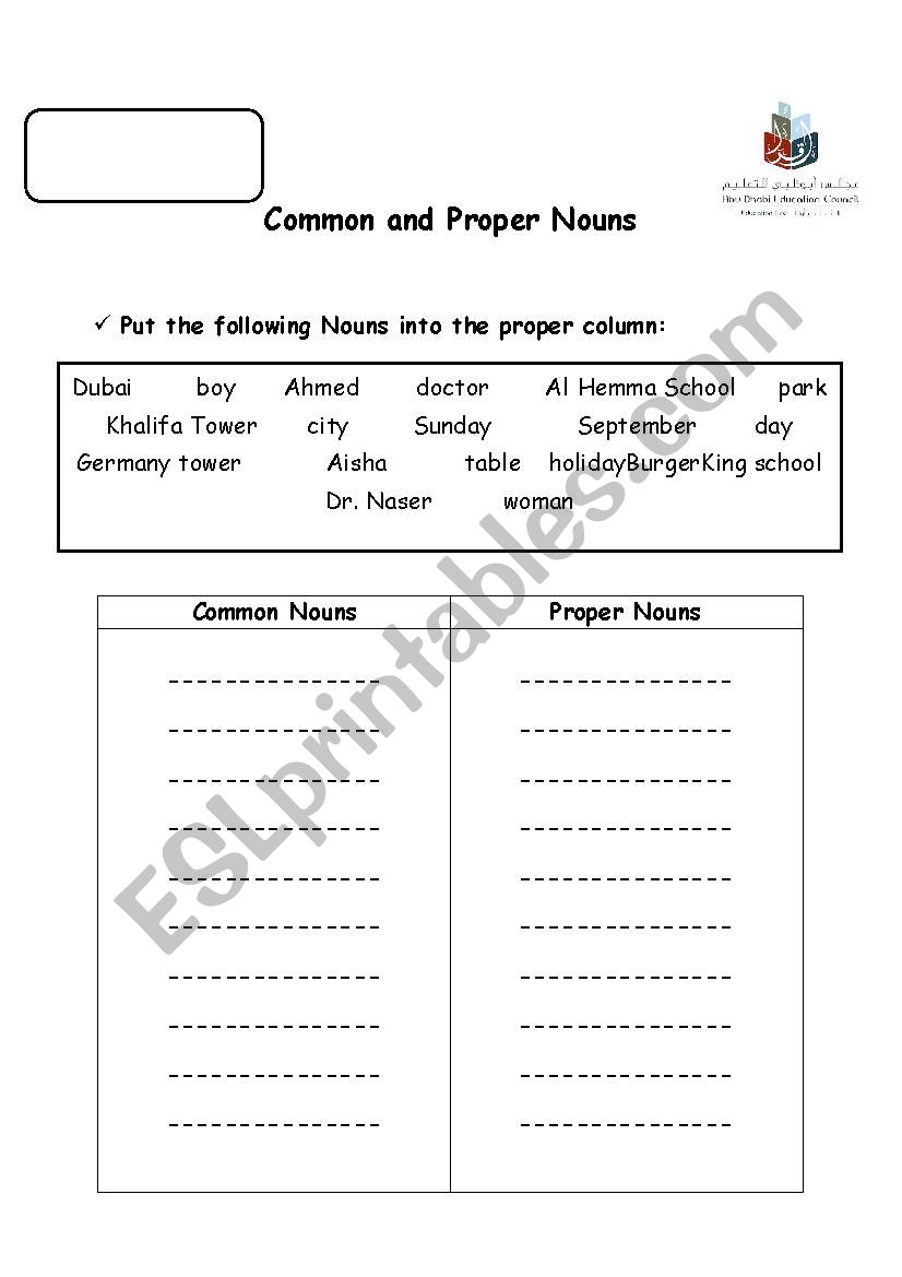 Common and proper nouns worksheet