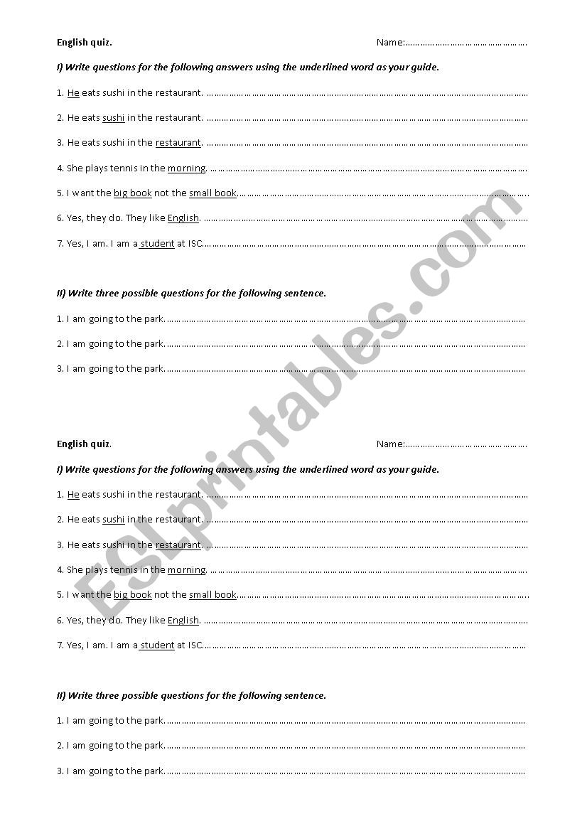Questions quiz worksheet
