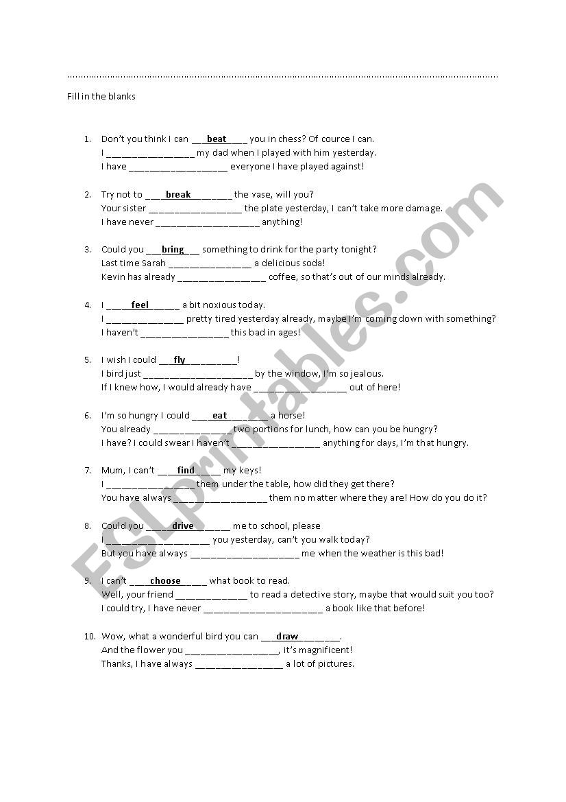Irregular verbs worksheet