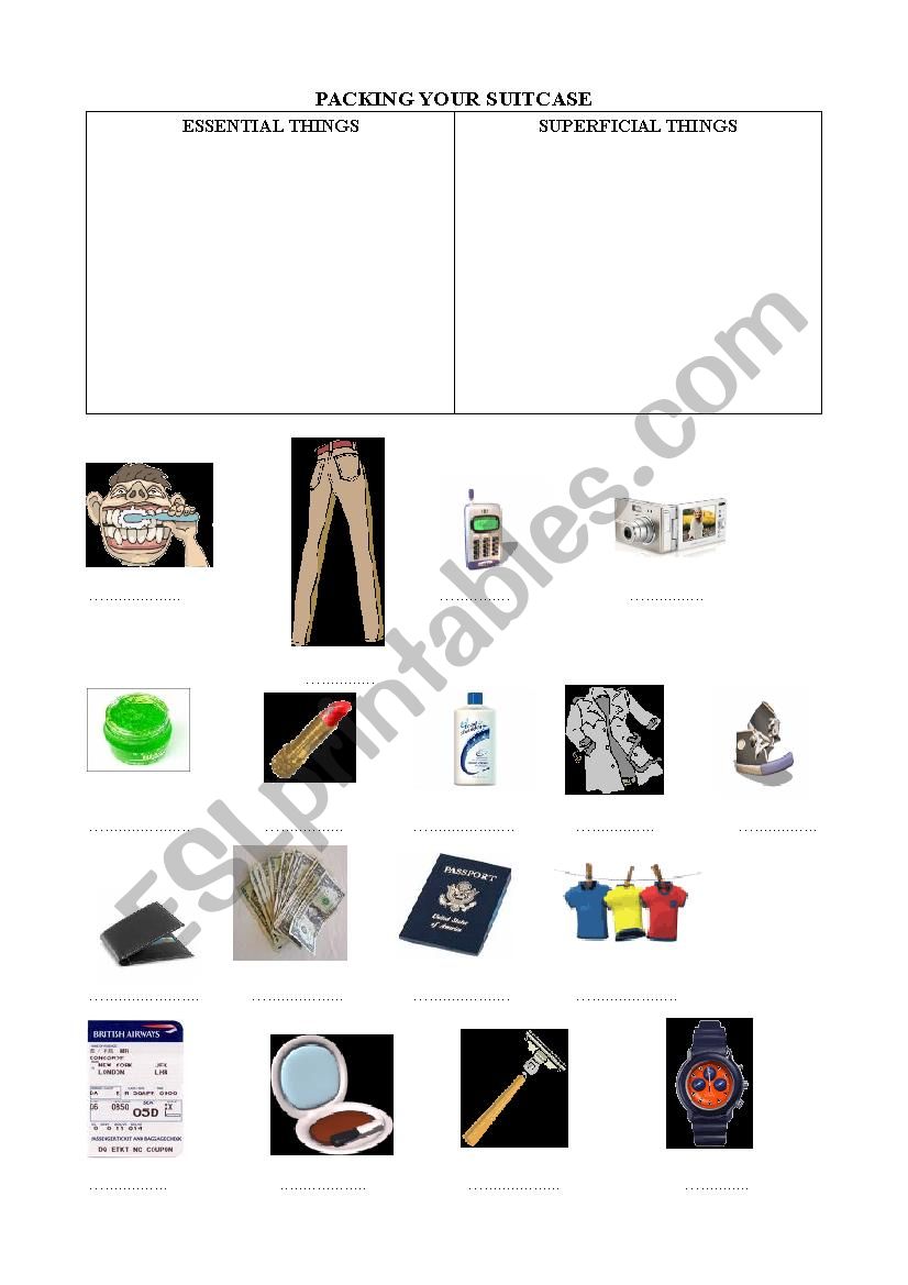 PACKING YOUR SUITCASE worksheet