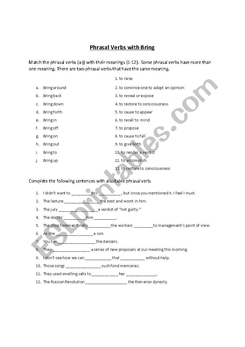 Phrasal verbs with bring worksheet