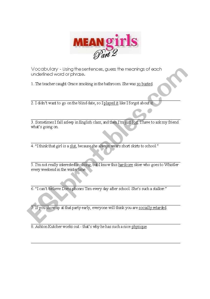 Mean Girls Parts 2 and 3 worksheet
