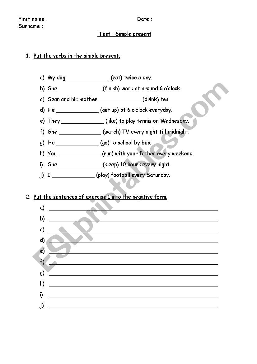 Simple present test worksheet