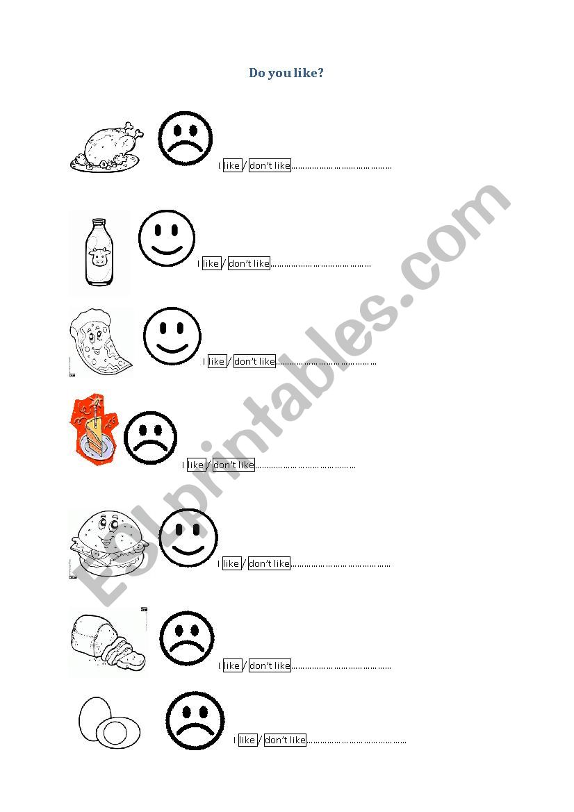 Food 2 - liking and disliking worksheet