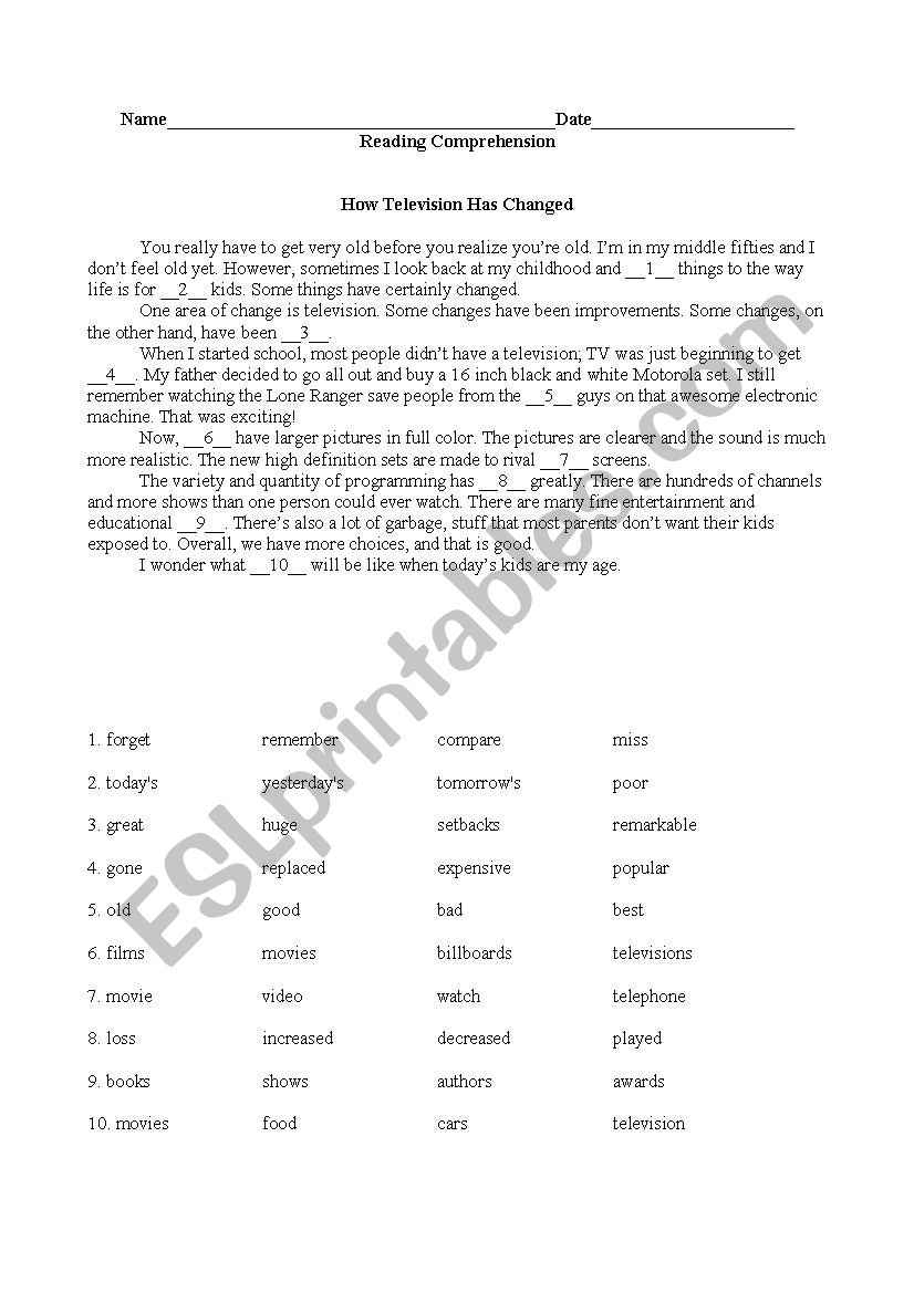 Television  worksheet