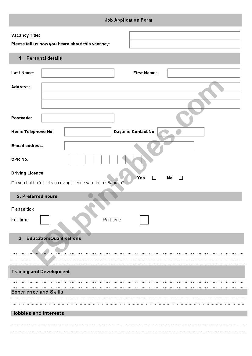 Application form worksheet