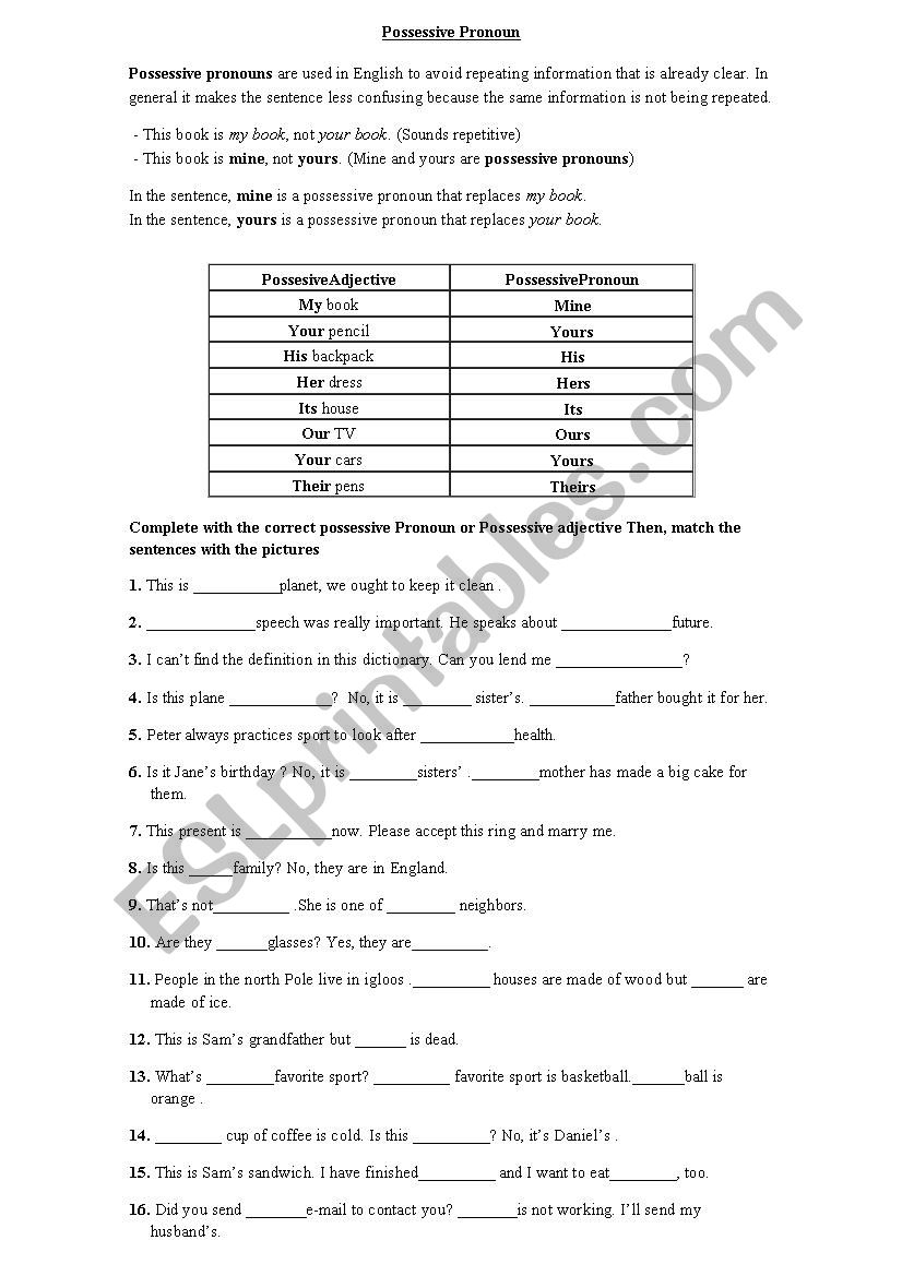 Possessive Pronoun worksheet
