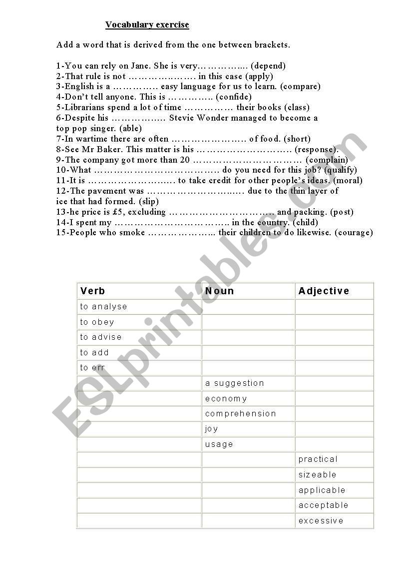 Vocabulary exercise worksheet