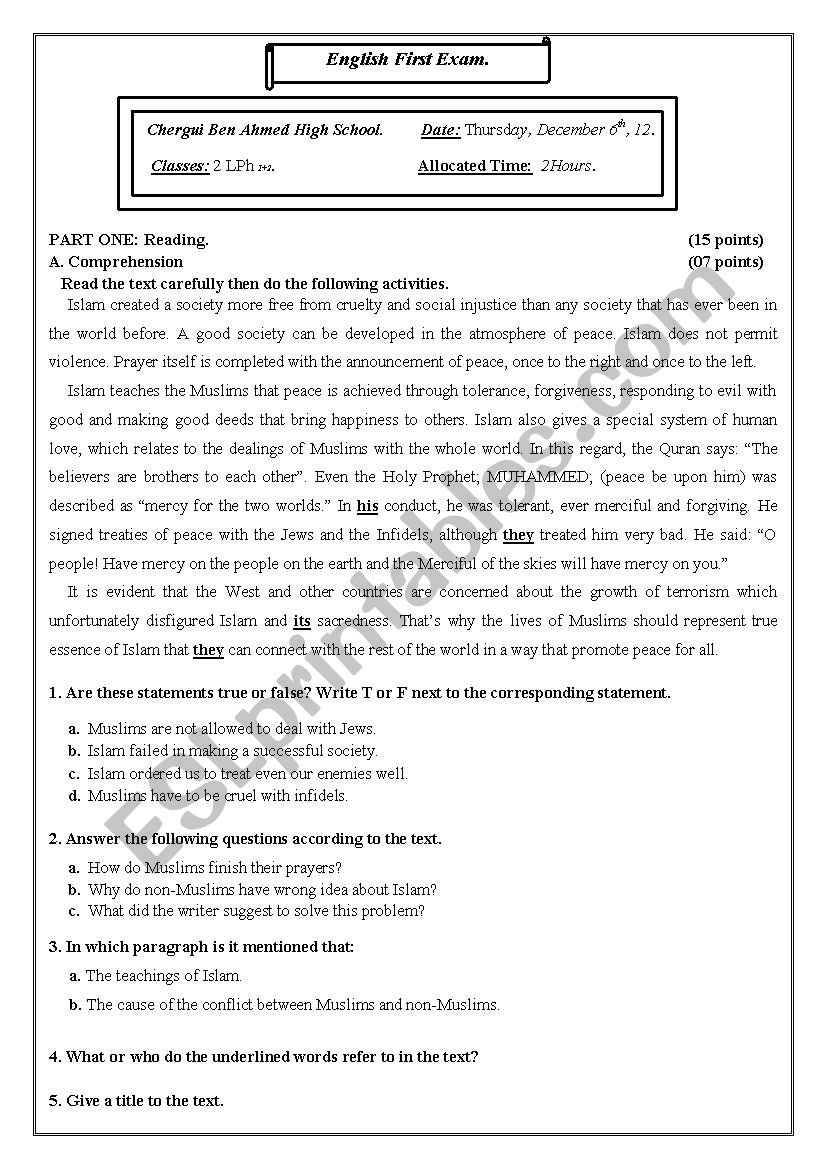 Islam is peace worksheet