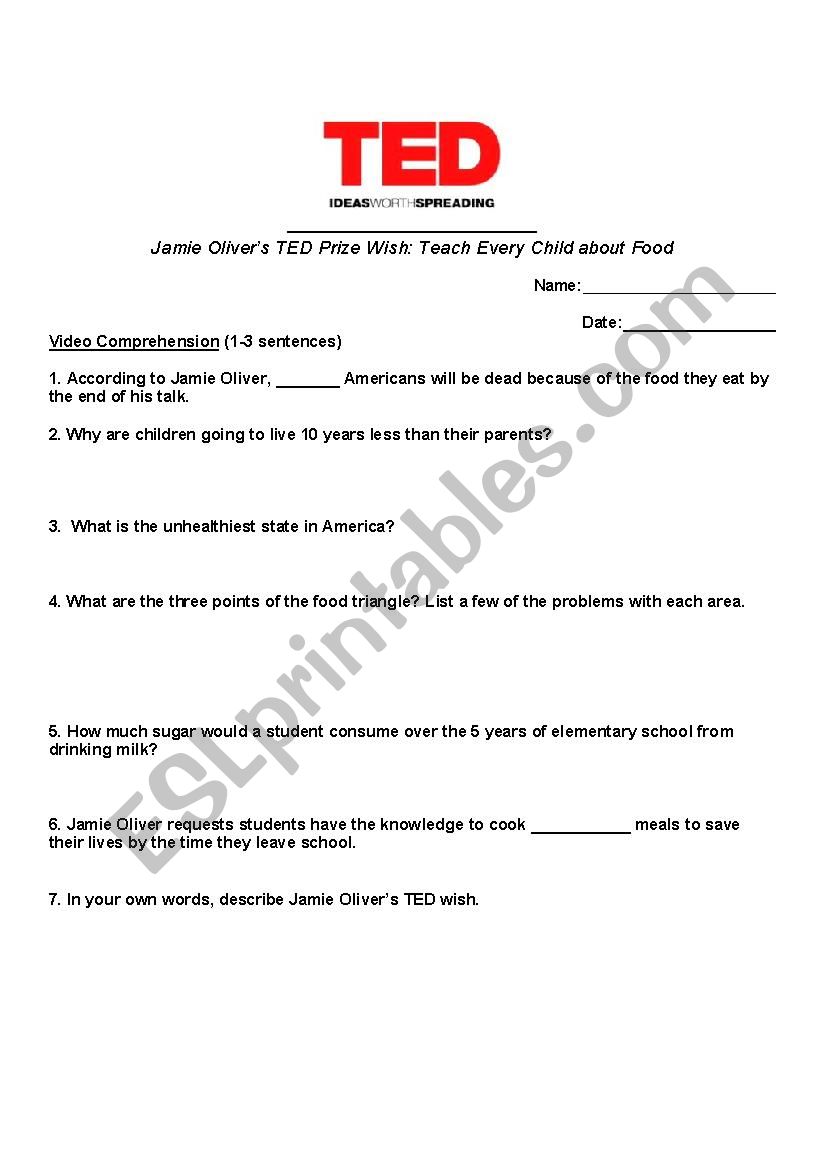 TED Talk Handout about Food (Jamie Oliver - Teach Every Child about Food)
