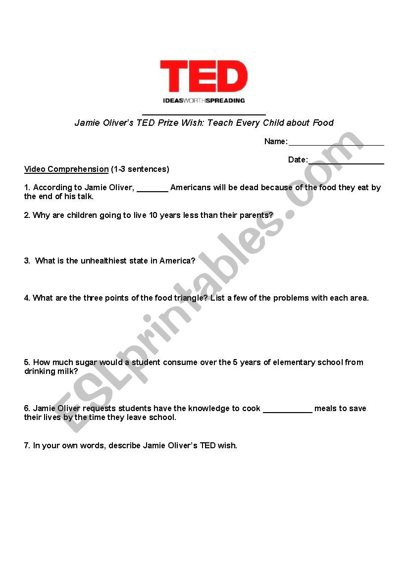 Ted Talk Handout About Food Jamie Oliver Teach Every Child About Food Esl Worksheet By Lriva002