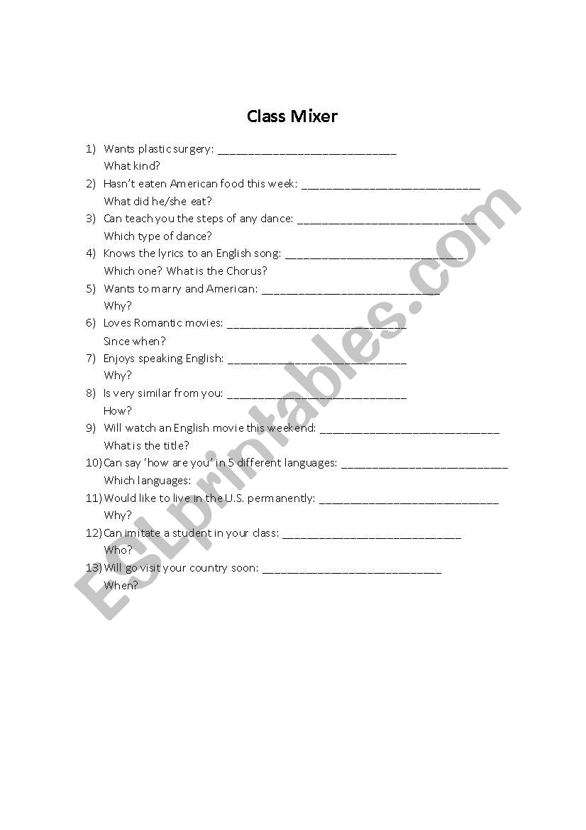 Ice Breaker Class Mixer worksheet