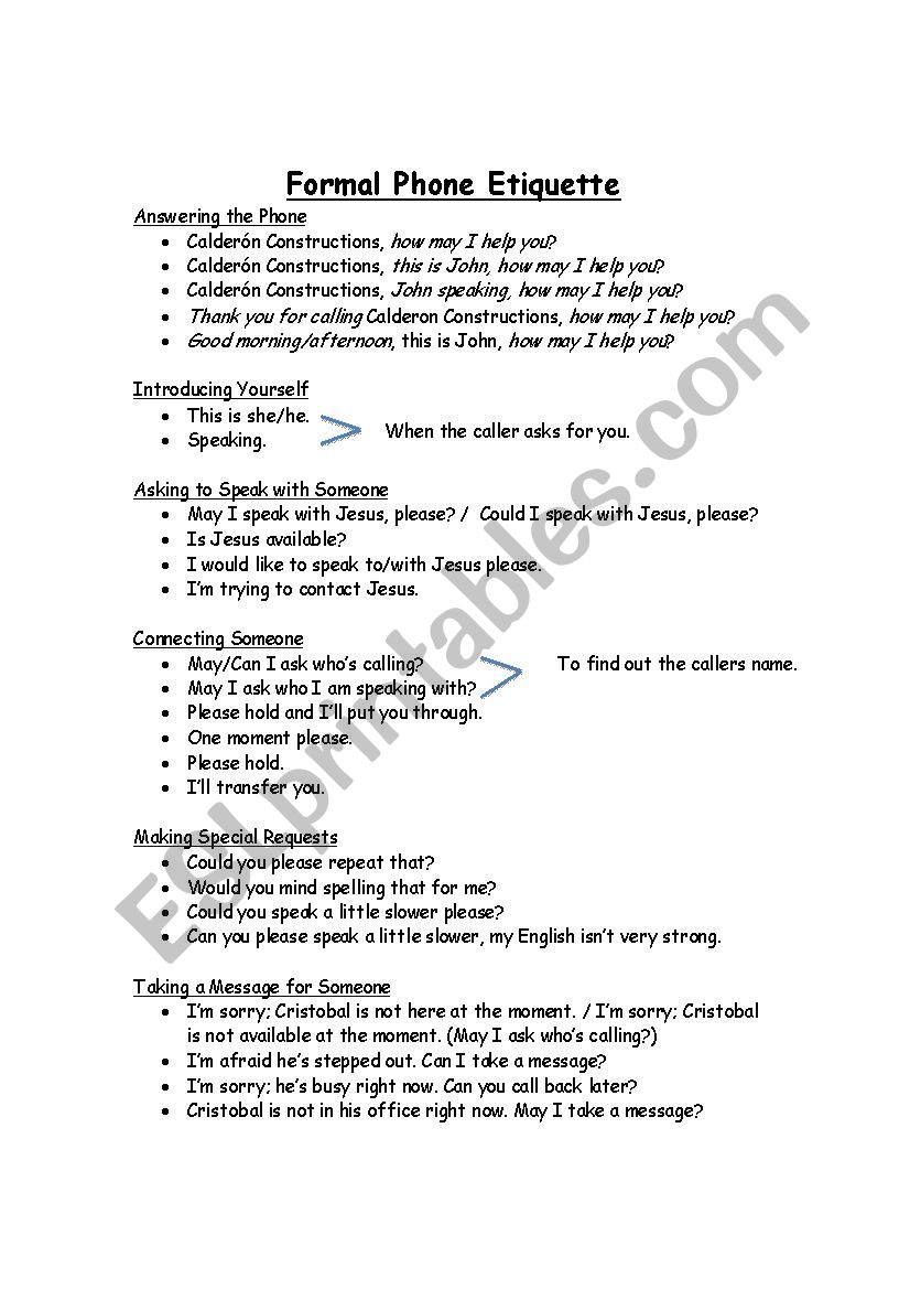 Formal Phone Etiquette worksheet