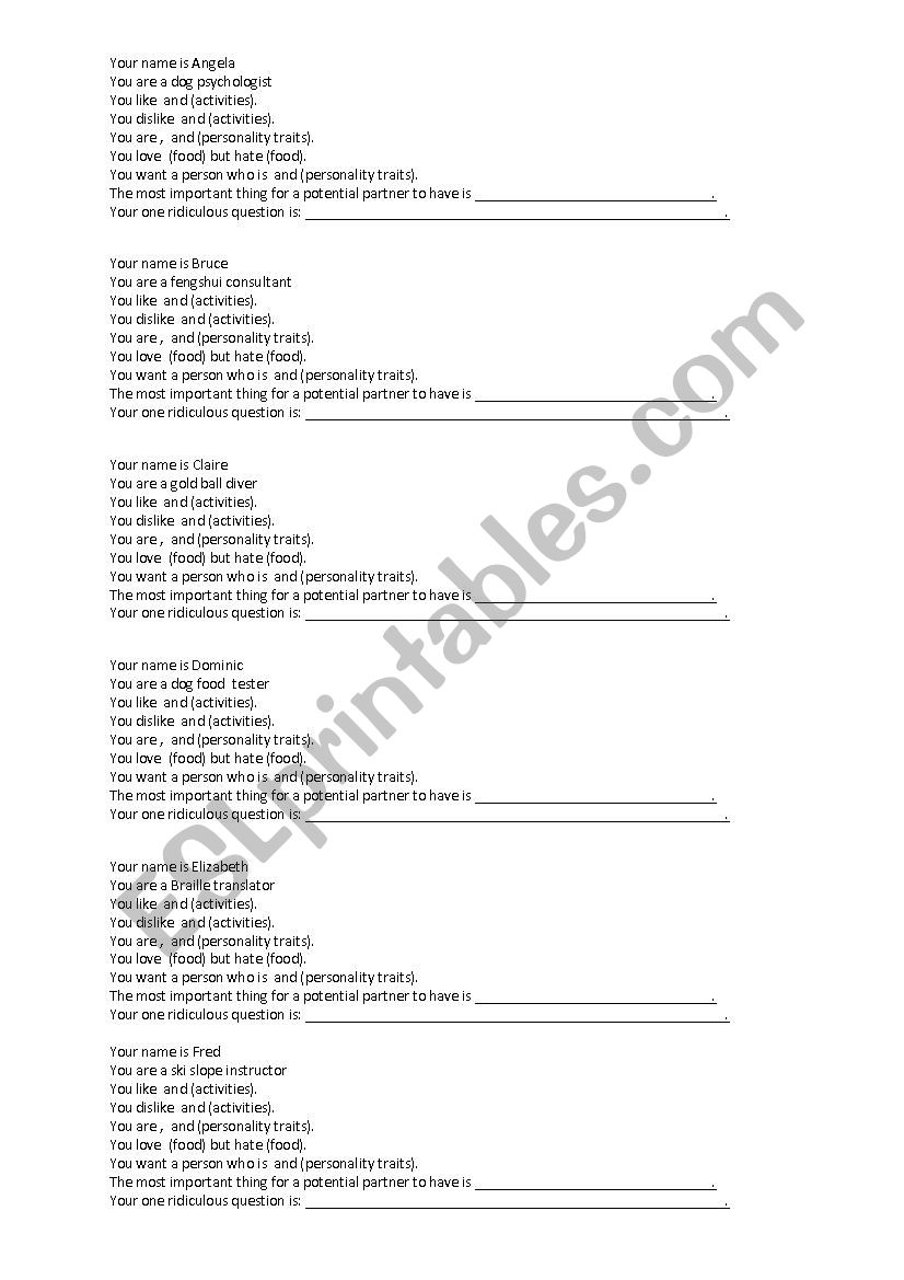 Speed dating worksheet