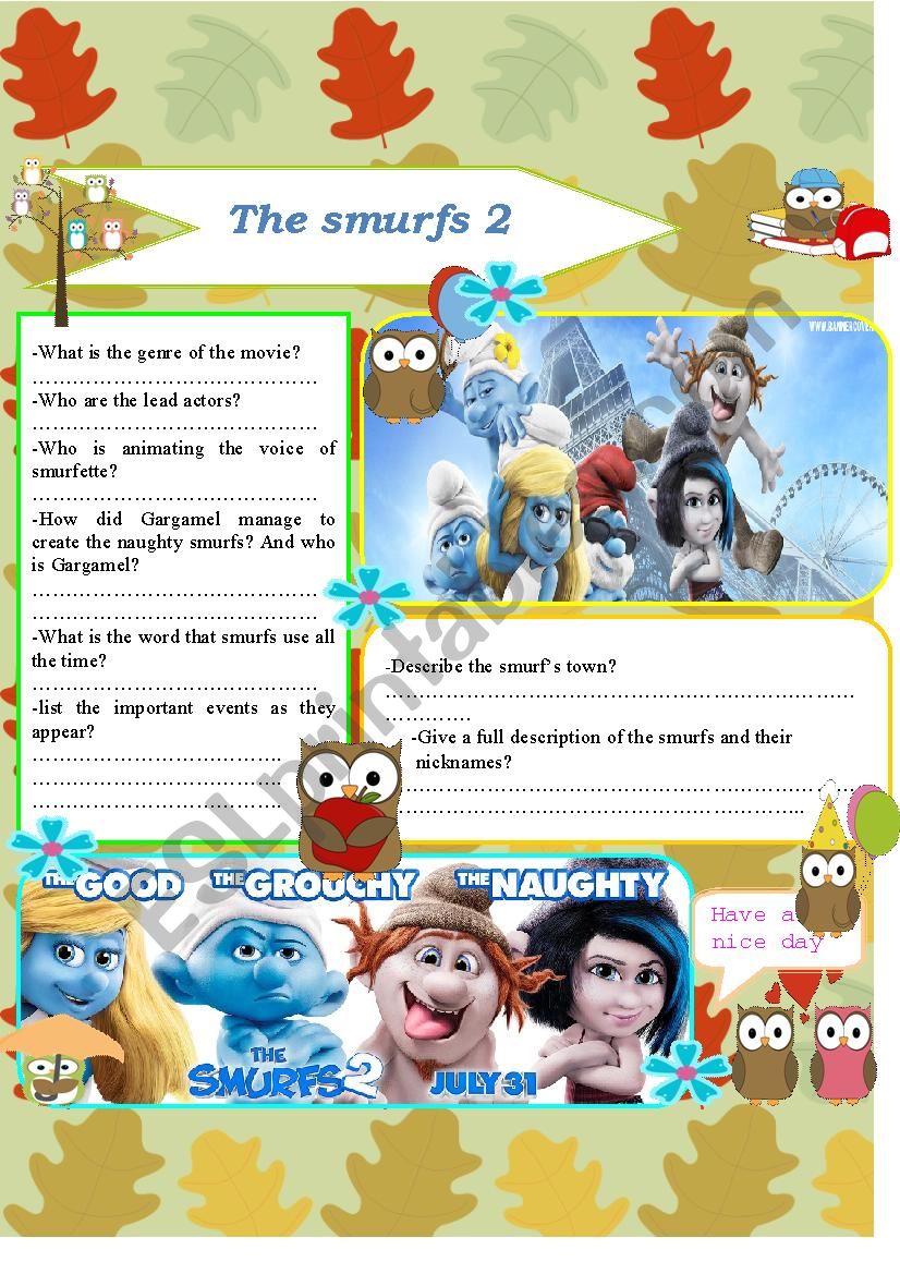 the smurfs 2 worksheet