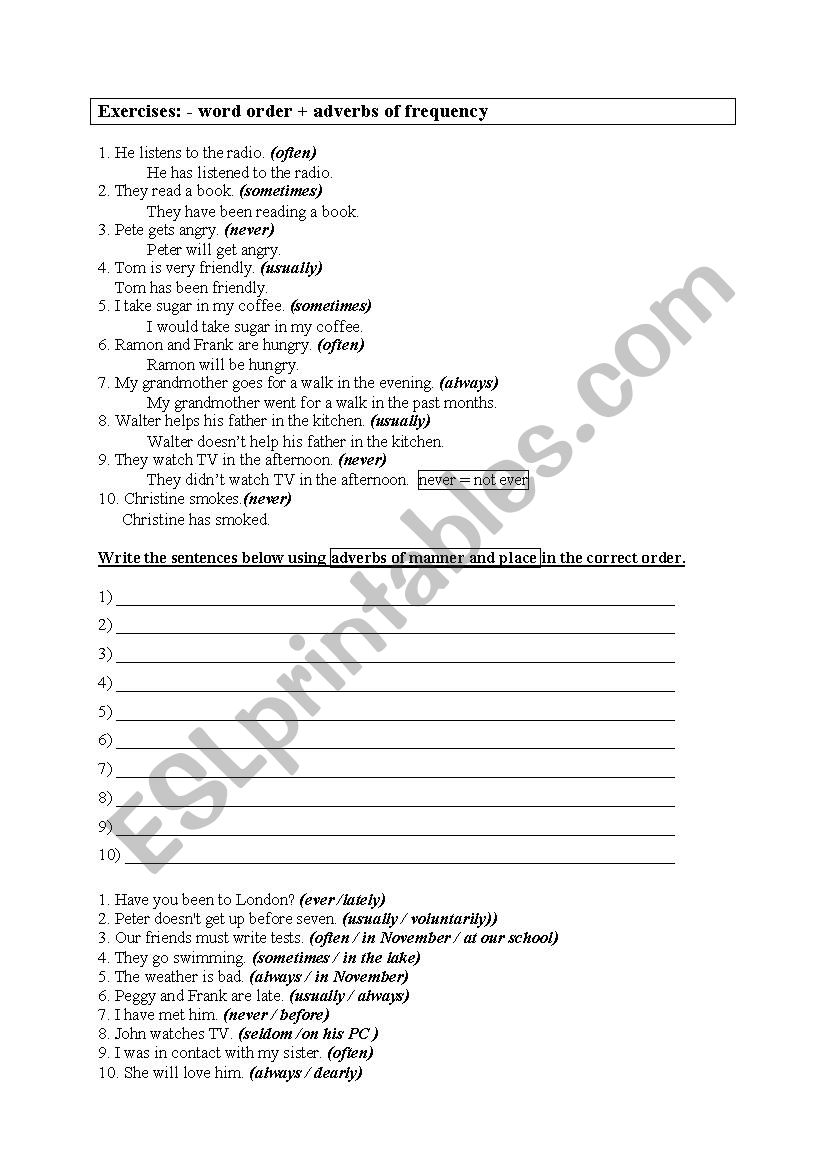 Word Order + Adverbs of Frequency, Manner and Place Word Order + Adverbs of Frequency, Manner and Place