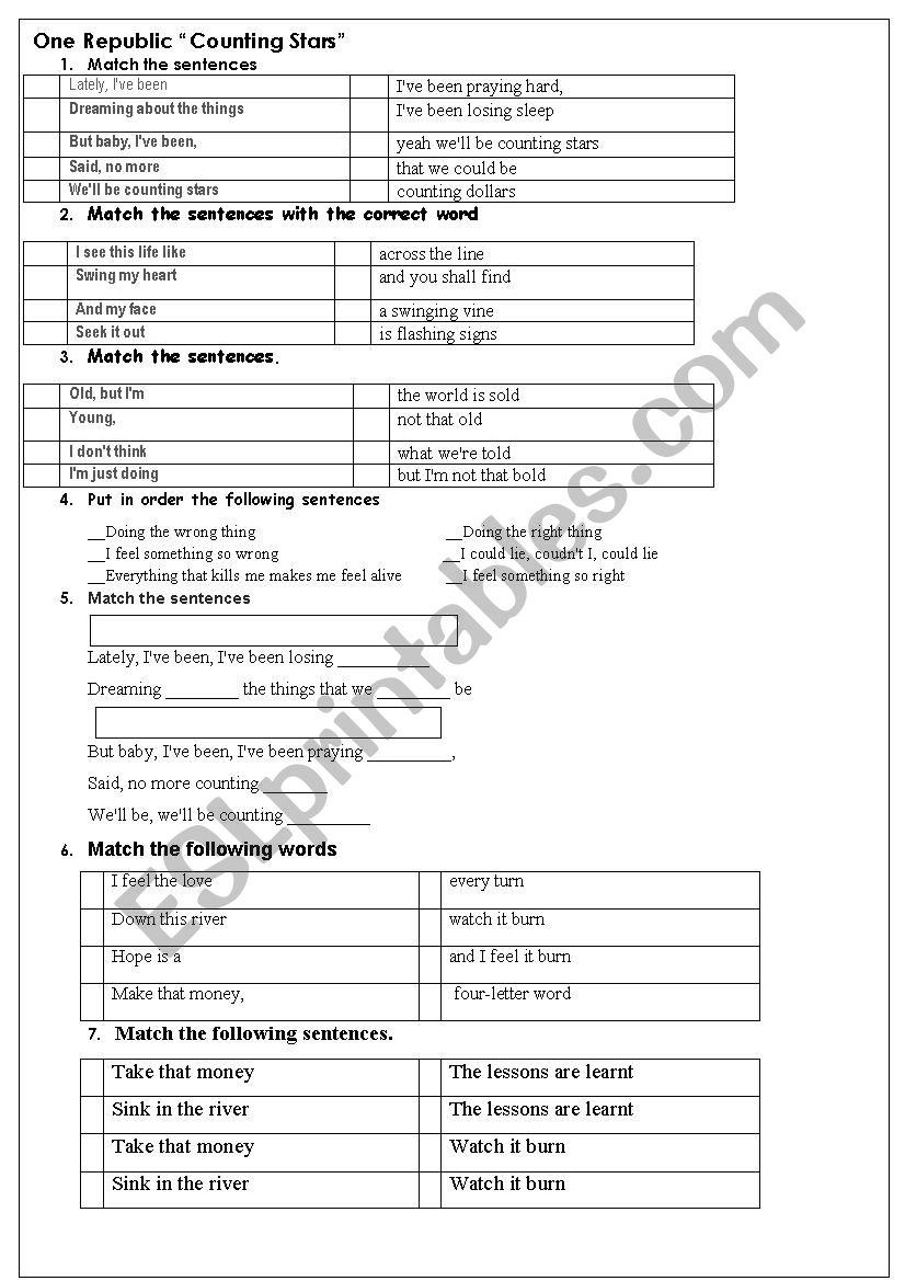 Counting stars One Republic worksheet