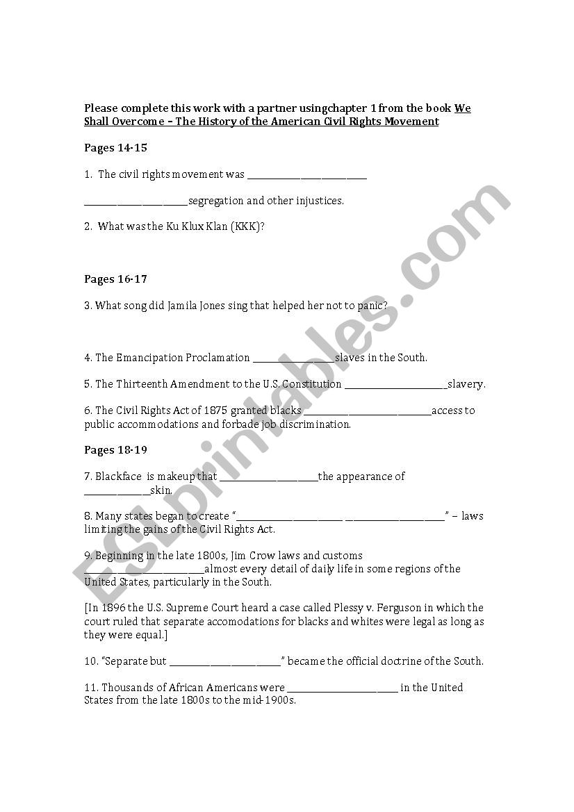 We Shall Overcome CLOZE worksheet