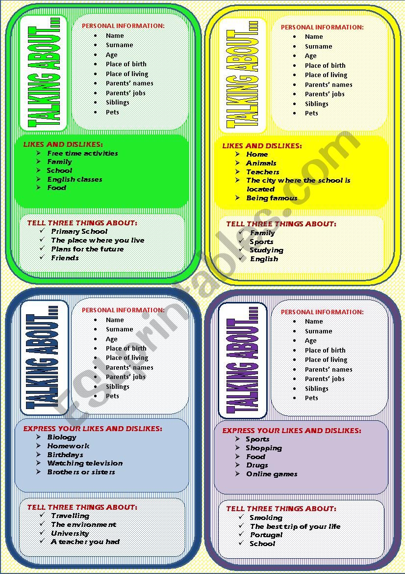 Talking About Myself Speaking Cards 1 2 Esl Worksheet By Marília