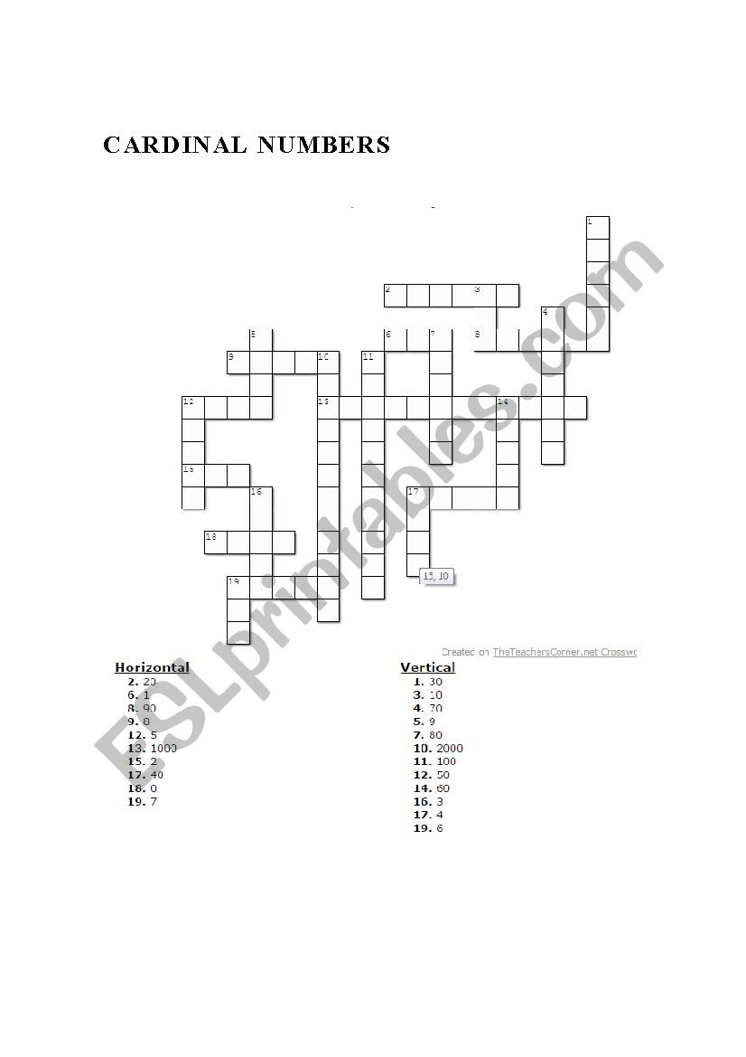 Crossword cardinal numbers worksheet