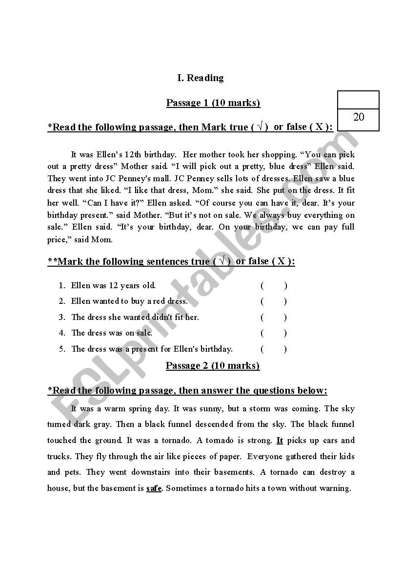 Reading exam worksheet