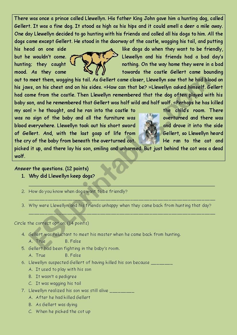reading comprehension A2 worksheet