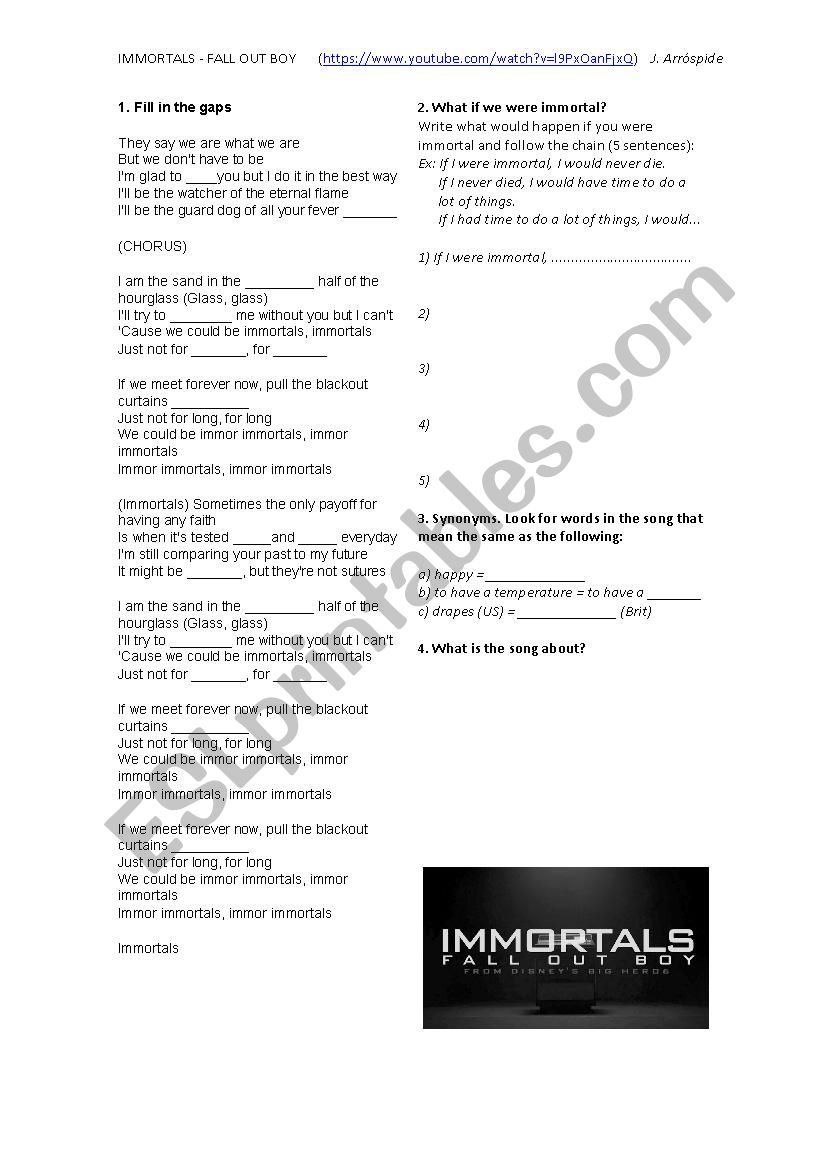 Immortal - Fall out boy worksheet