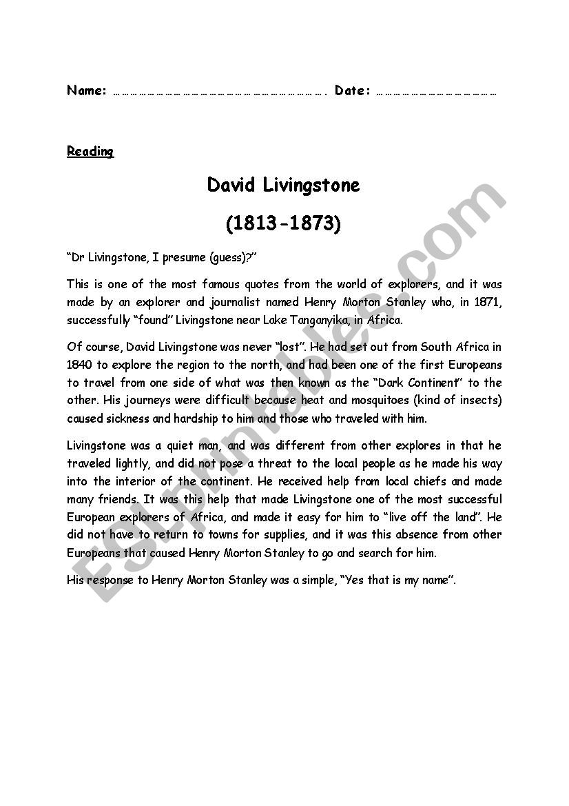 David Livingstone worksheet
