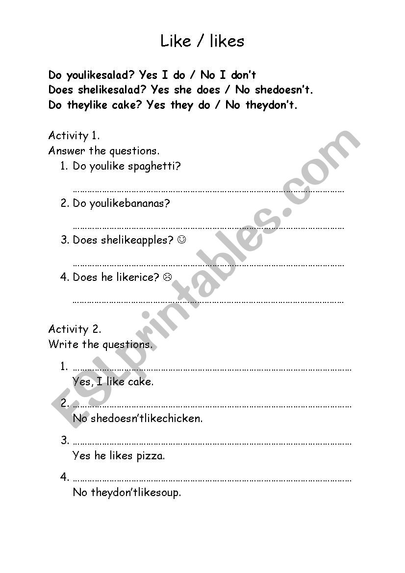 like - likes worksheet about food