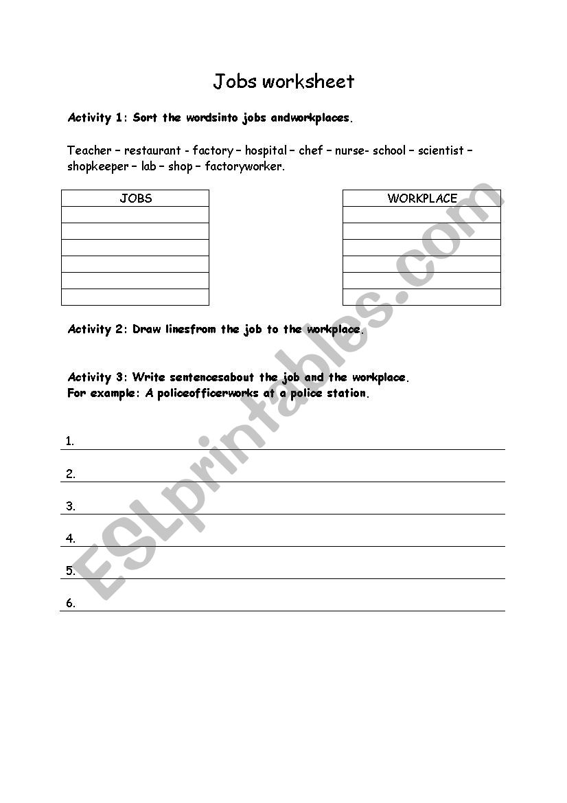 jobs and workplaces worksheet worksheet