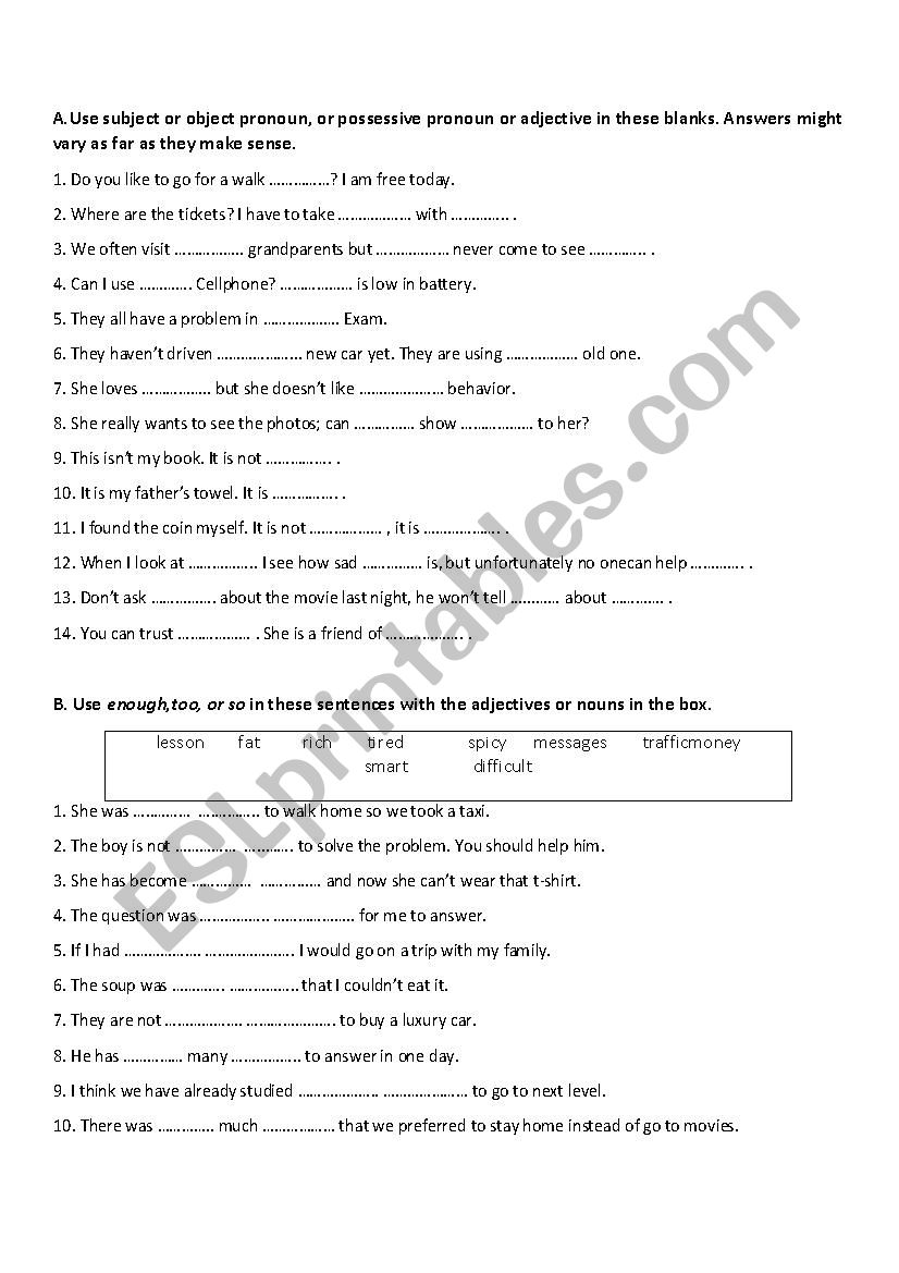 possessive pronoun worksheet